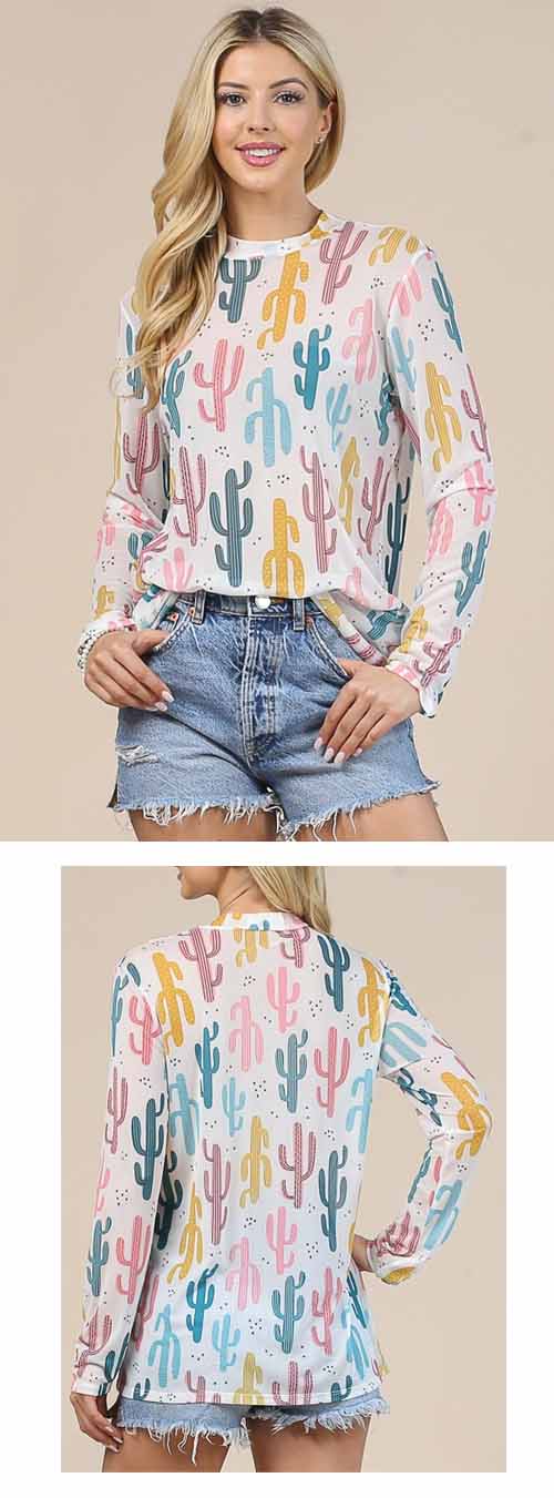 Cactus Print Mesh Top
