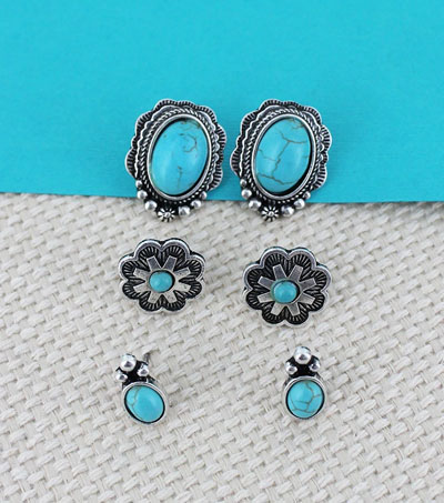 Oval/Flower 3 Pair Stud Earrings