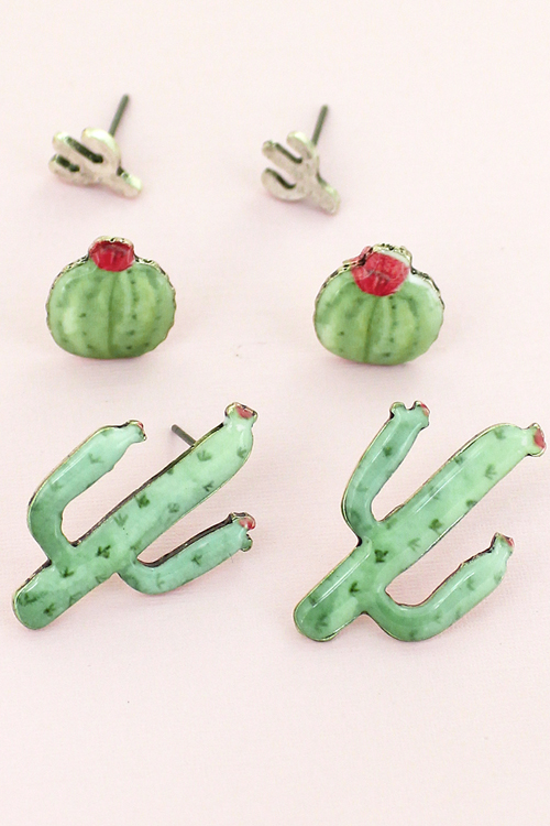 Cactus Stud Earrings - 3 Pair Set