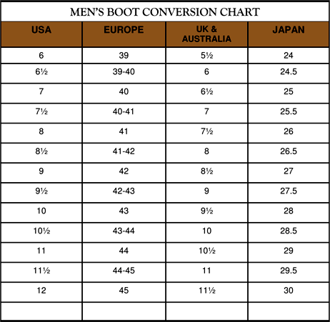 Old West Boots Size Chart