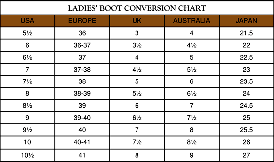 Old West Boots Size Chart